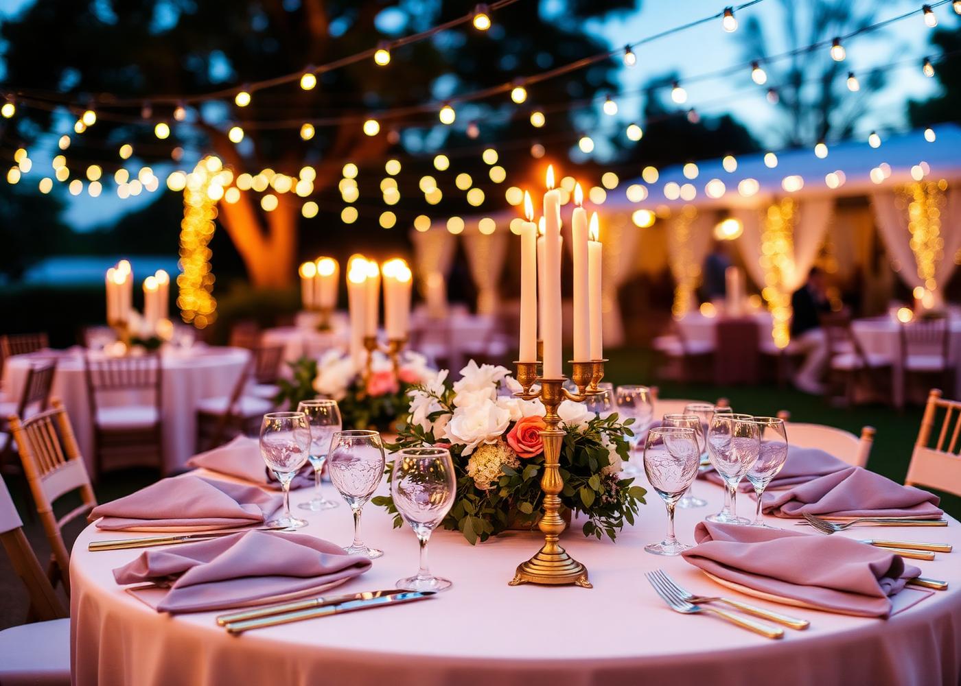 Outdoor reception table set with candles and florals at dusk
