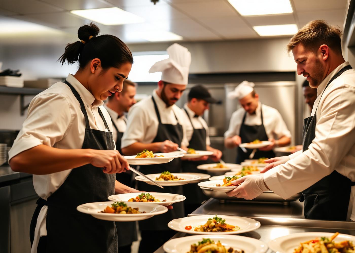Chefs preparing catered dishes in a kitchen